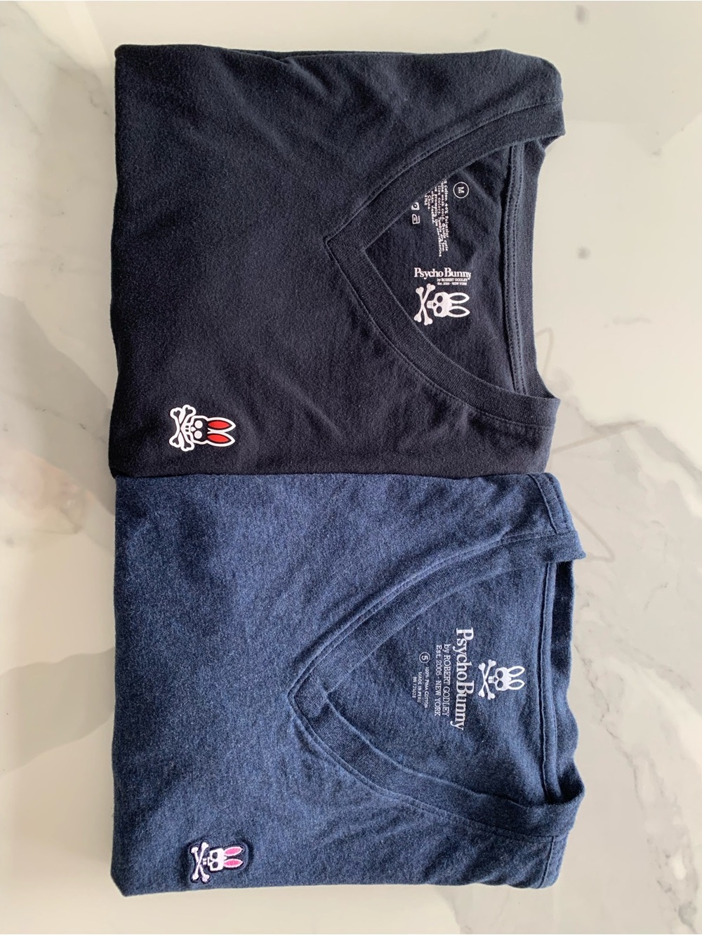 Psycho Bunny V-Neck Tee Set in Black and Navy Blue. Men’s Medium